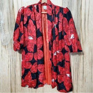 Saint Romei Pure Silk Open Front Hibiscus Red Floral Tie Neck Duster Sz 14 Vtg
